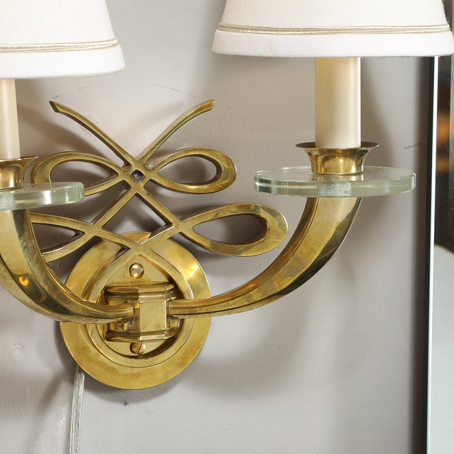 Pair of Art Deco Jules Leleu Polished Brass & Glass Ribbon Sconces For Sale In New York - Image 6 of 12