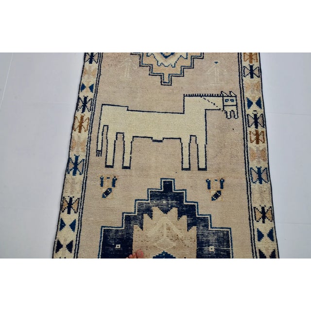 Vintage Anatolian Wool Runner, Hand-Woven Kilim With Deep Blue Geometric and Animal Motifs For Sale - Image 9 of 10