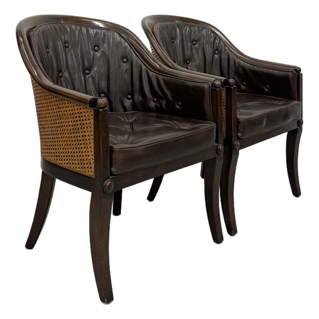 Vintage Leather & Cane Barrel Armchairs - Pair For Sale