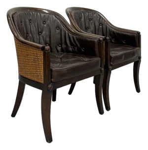 Vintage Leather & Cane Barrel Armchairs - Pair