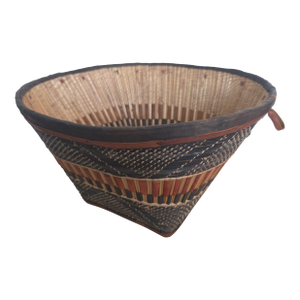Early 20th Century Large African Mali Tribal Handwoven Leather and Reed Basket