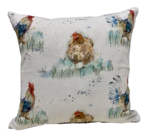 16" Square Pillow Adorned With a Chicken & Rooster Pattern - Made in Uk.
