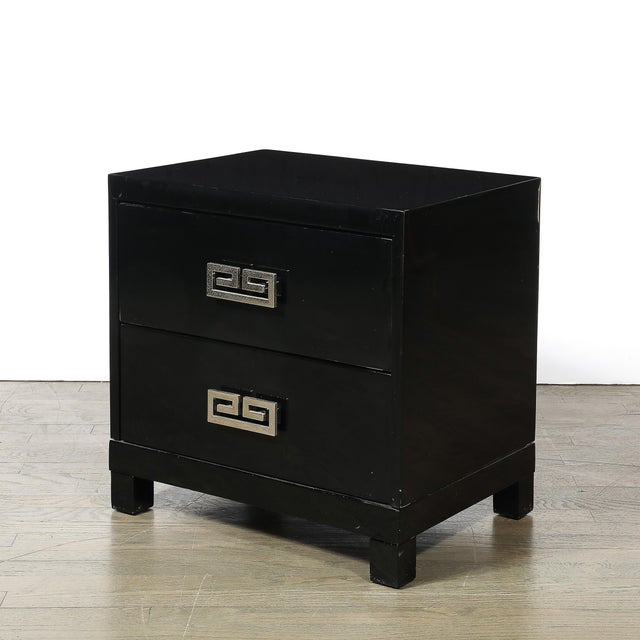 Mid-Century Modern Mid-Century Modernist Rectilinear Nightstands in Black Lacquer With Greek Pulls For Sale - Image 3 of 11