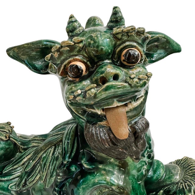 Ceramic Large Vintage Chinese Green Glazed Pottery Kylin Chinese Dragons - a Pair For Sale - Image 7 of 17