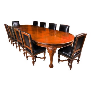 Antique Queen Anne Revival Burr Walnut Dining Table and Chairs, 19th Century, Set of 11 For Sale