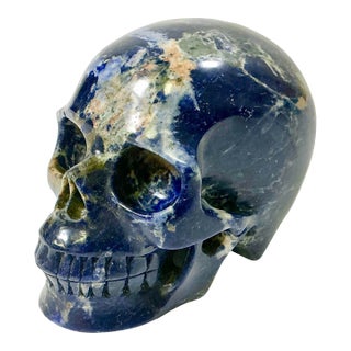 1970s Vintage Abstract Expressionism Boho Chic Hand Carved Navy Sodalite Stone Skull Sculpture, Halloween For Sale