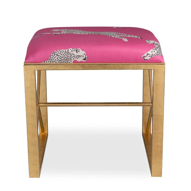 The Medallion Single Black Bench is shown with Scalamandre's whimsical "Leaping Cheetah" fabric in bubblegum pink. We have...