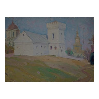 Orthodox Church Landscape Oil Painting, Ukrainian Art, 1974 50-70 For Sale