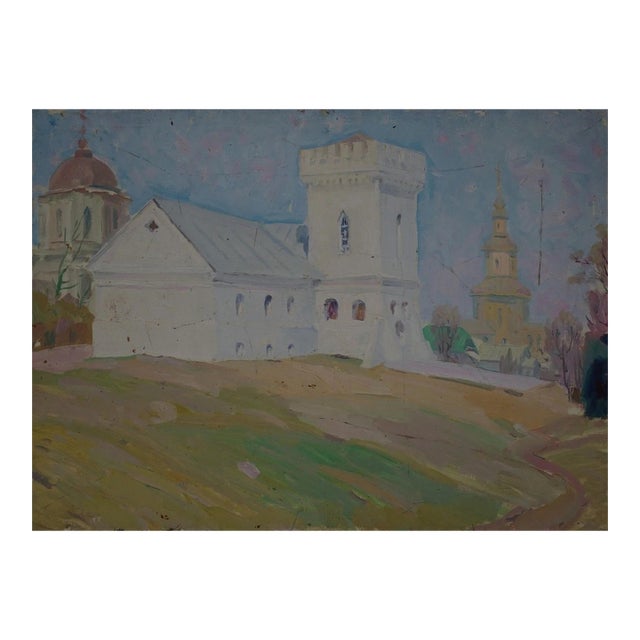 Orthodox Church Landscape Oil Painting, Ukrainian Art, 1974 50-70 For Sale