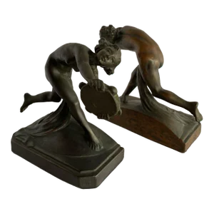 Circa 1900s Art Nouveau Nude Female Nymph Cast Bronze Bookends- a Pair