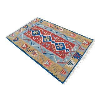 Turkish Hand Woven Kilim Rug. Flat Weave Wool Oushak Area Rug- 3′7″ X 5′7″ For Sale