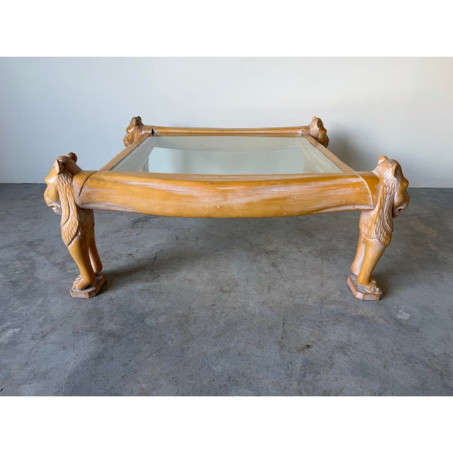 Wood Vintage Egyptian Revival Hand-Carved Wood Lion Coffee Table With Inset Glass Top For Sale - Image 7 of 12
