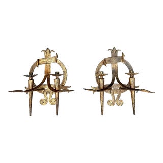 Monumental Pair of Antique New Orleans Hand-Forged Gilt Iron Spanish Revival Candle Sconces For Sale