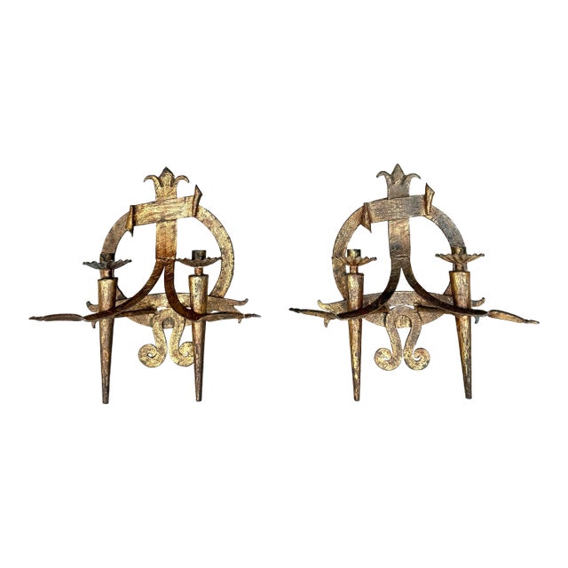 Monumental Pair of Antique New Orleans Hand-Forged Gilt Iron Spanish Revival Candle Sconces For Sale