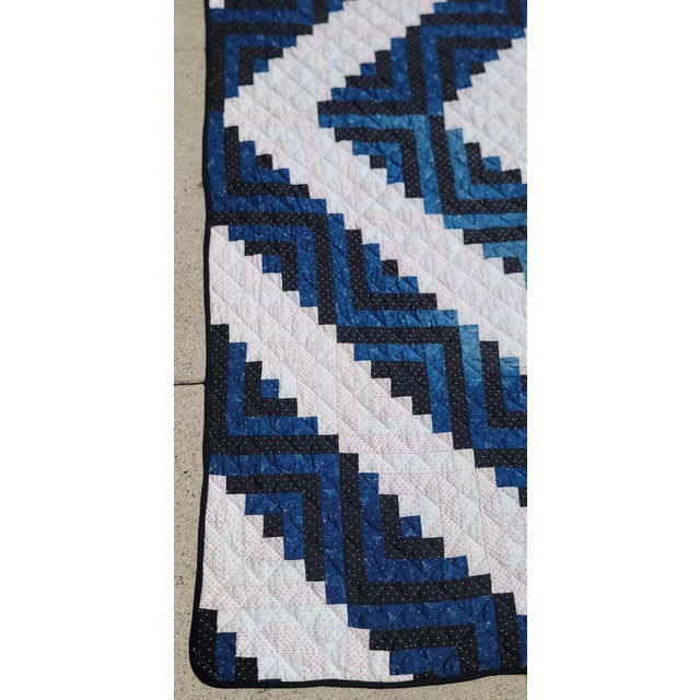 Textile 20thc Blue & White Log Cabin Quilt For Sale - Image 7 of 8