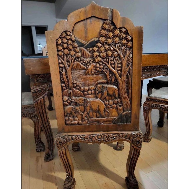 1980s 1980s Unique Teak and Acacia Carved Dining Set With 8 Different Carved Chairs For Sale - Image 5 of 7