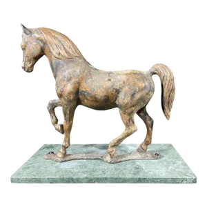 Antique Metal Horse on Green Marble Stand