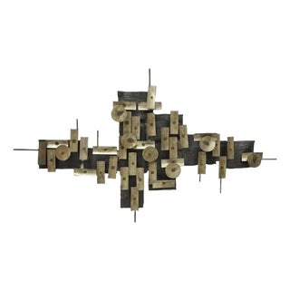 Late 20th Century Mid Century Modern Brutalist Steel Metal 48" Wall Sculpture After Curtis Jere For Sale