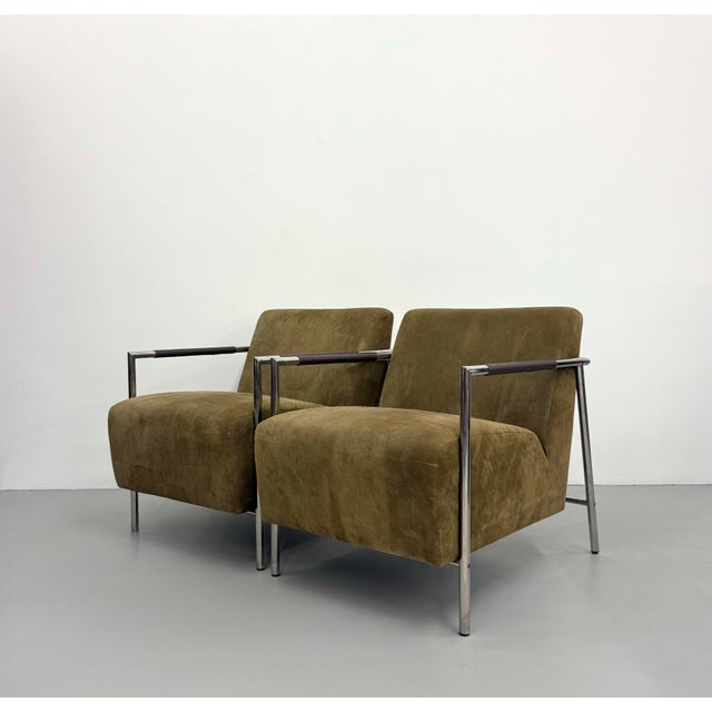 Mid-Century Modern Vintage MCM Chrome & Suede Lounge Chairs - Pair For Sale - Image 3 of 9
