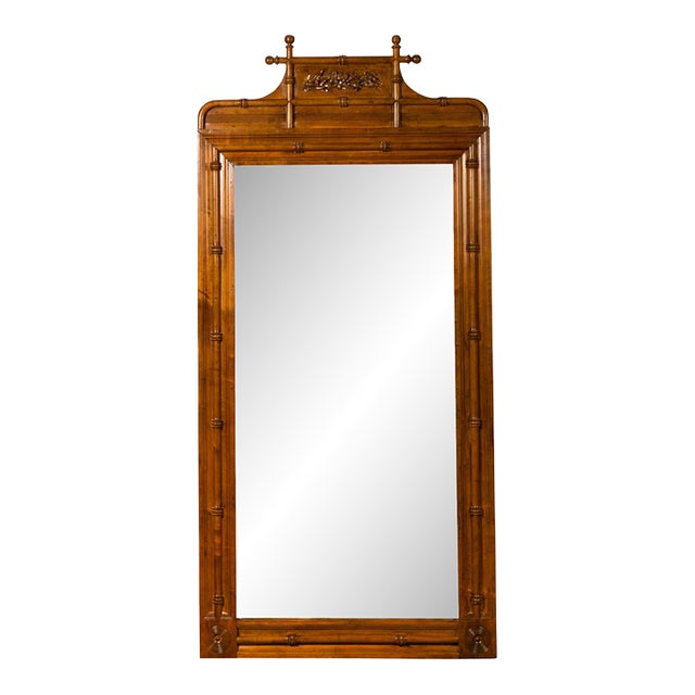 Large English Faux-Bamboo Walnut Mirror Made of 1900s Doors with Carved Ivy For Sale