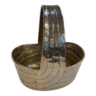 Italian Hammered Silver-Plated Basket With Sculptural Handle, 1970s For Sale