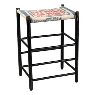 Vintage 1940s Primitive Wooden Stool W/ Black Painted Frame & Premier Egg Mash Feed Sack Seat - 25.5" Tall For Sale