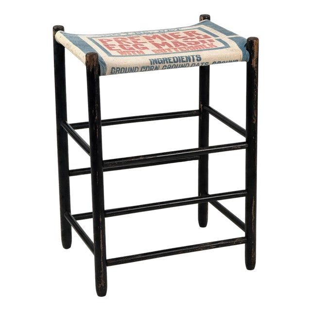 Vintage 1940s Primitive Wooden Stool W/ Black Painted Frame & Premier Egg Mash Feed Sack Seat - 25.5" Tall For Sale