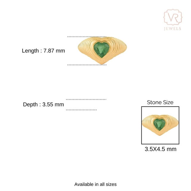 Ridged Heart-Cut Emerald Pinky Ring in 14k Yellow Gold Size 4 For Sale - Image 13 of 18