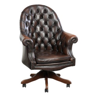 Chesterfield Desk Chair in Brown Cowhide Leather For Sale