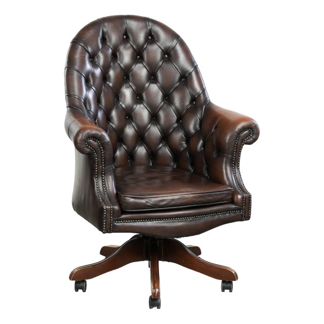 Chesterfield Desk Chair in Brown Cowhide Leather For Sale