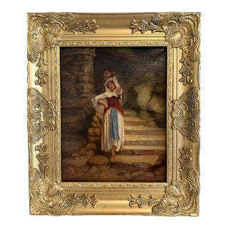 Antique Italian Oil Painting Peasant Woman Portrait 19th C. Signed Genre Art For Sale