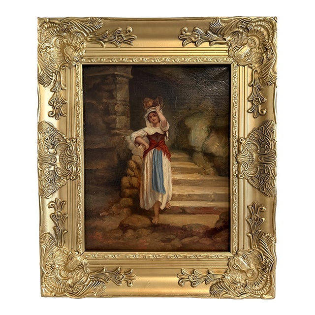 Antique Italian Oil Painting Peasant Woman Portrait 19th C. Signed Genre Art For Sale