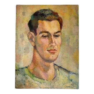 Mid Century Oil Painting on Board Portrait of a Man in Green Tones, Signed Anthony Ferrara, 1951 For Sale