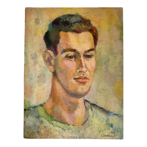 Mid Century Oil Painting on Board Portrait of a Man in Green Tones, Signed Anthony Ferrara, 1951