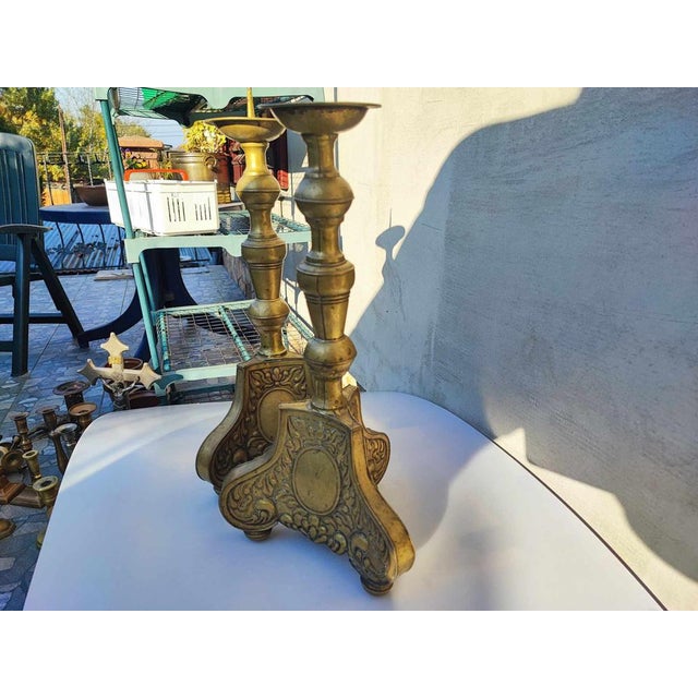 Art Nouveau brass candleholders, dimensions: height 45 cm, diameter 23 cm.