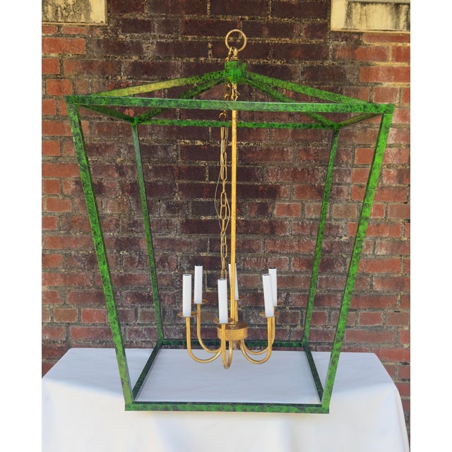 Contemporary Contemporary Tony Duquette Style Faux Malachite and Hand Gilt Lantern Chandelier by Turtle and Crane - Newly Painted For Sale - Image 3 of 12
