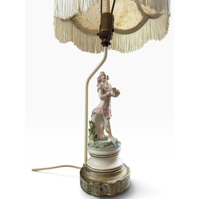 Late 20th Century Vintage Rococo-Style Porcelain Figural Table Lamp With Fringe Shade For Sale - Image 5 of 6