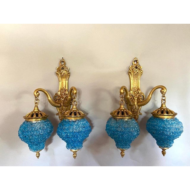 Metal 1980 French Louis XVI Bronze Blue Crystal Wall Lamps Sconces - Pair of 2 Pc For Sale - Image 7 of 11