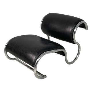 Italian Modern Black Faux Leather and Steel Lounge Chair, 1980s For Sale