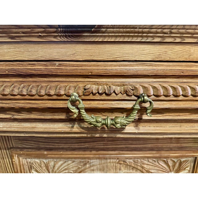 Antique 19th Century Pitch Pine Double Buffet With Hand Carved Motifs and Brass Hardware For Sale - Image 10 of 12