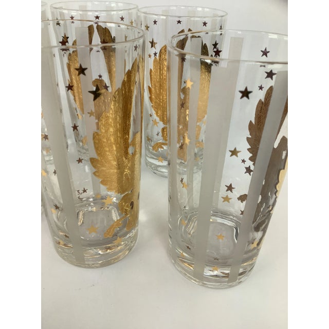 Vintage Gay Fad Highball Collins Cocktail Glasses With Gilt Eagles and Stars and Frosted White Stripes For Sale - Image 4 of 5