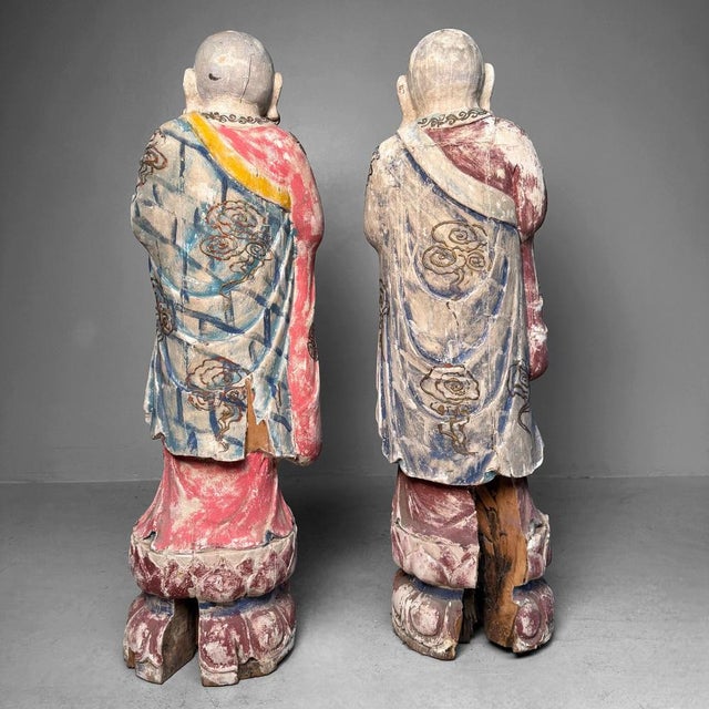 Large Polychrome Wooden Temple Figures on Lotus Bases, Korea, 19th Century, Set of 2 For Sale - Image 5 of 18