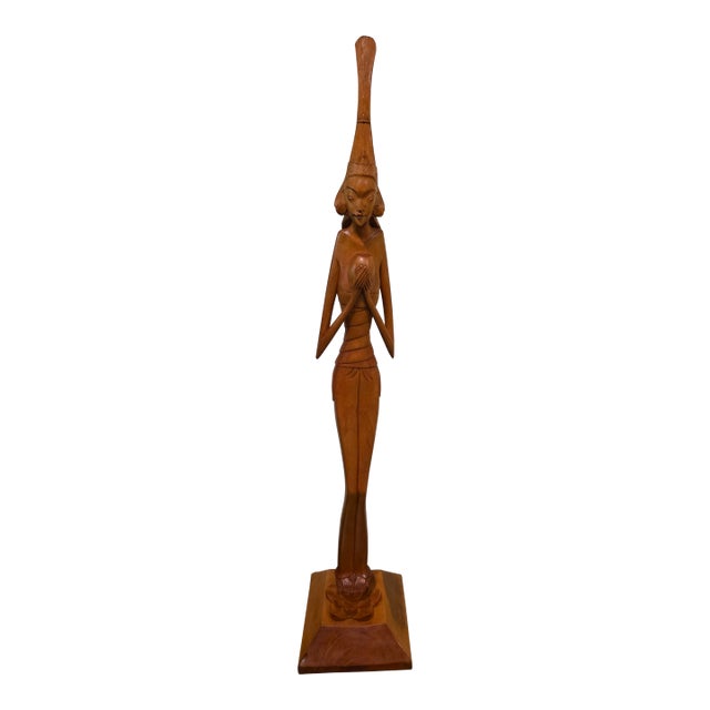 Large 22" Mid-Century Balinese Art Deco Elongated Maiden With Water Vessel Masterwork Sculpture For Sale