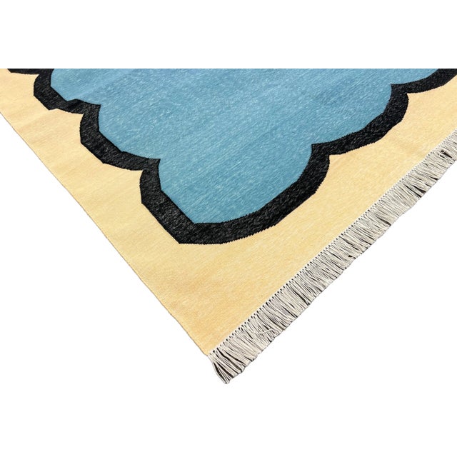 Not Yet Made - Made To Order Handmade Cotton Scalloped Edge Rug, Teal Blue, Black and Cream Bordered Dhurrie- 12'x15' For Sale - Image 5 of 13