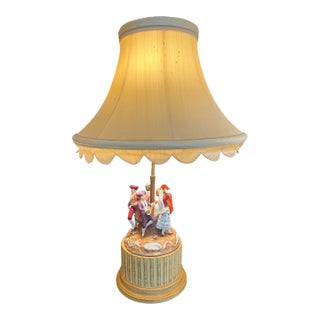 MCM Capodimonte-Style Porcelain Lamp With Musicians - Original Scalloped Shade For Sale