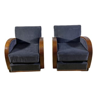 Art Deco Armchairs in Walnut Burl and Navy Blue Striped Velvet, 1930s, Set of 2 For Sale