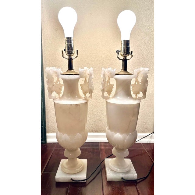 1920s Large Pair of Hand-Carved French Alabaster Neoclassical Urn Table Lamps For Sale - Image 17 of 18