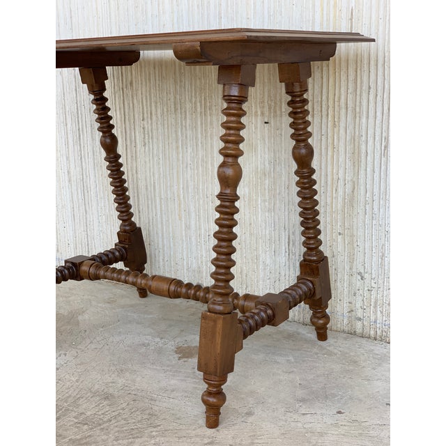 Brown 19th Spanish Baroque Side Table With Wood Stretcher and Carved Top in Walnut For Sale - Image 8 of 13