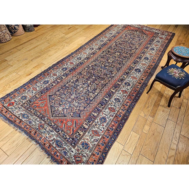 1900 - 1909 Antique Persian Malayer Gallery Rug, Hand-Knotted Wool, Geometric Pattern, 7x15, Navy & Ivory For Sale - Image 5 of 18