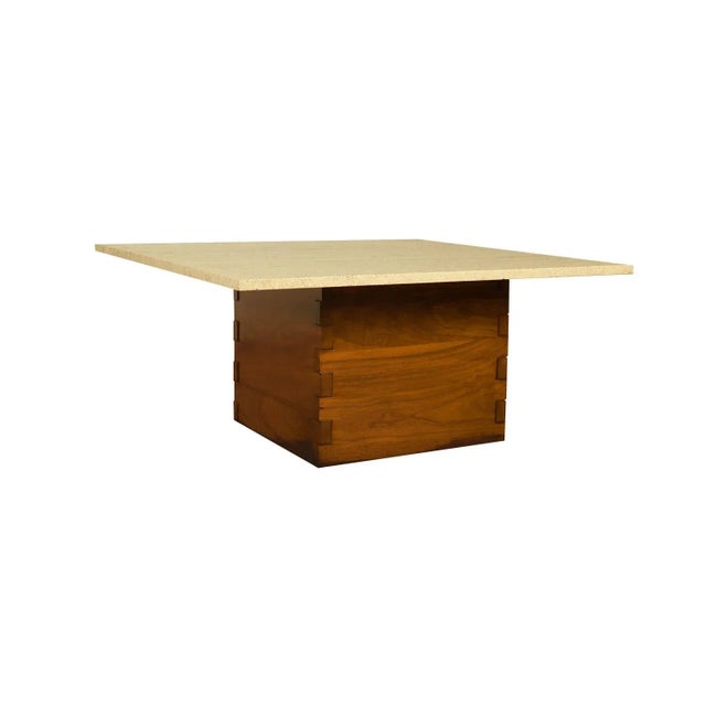 1970s Mid-Century Travertine Walnut Base Coffee Table For Sale - Image 4 of 11